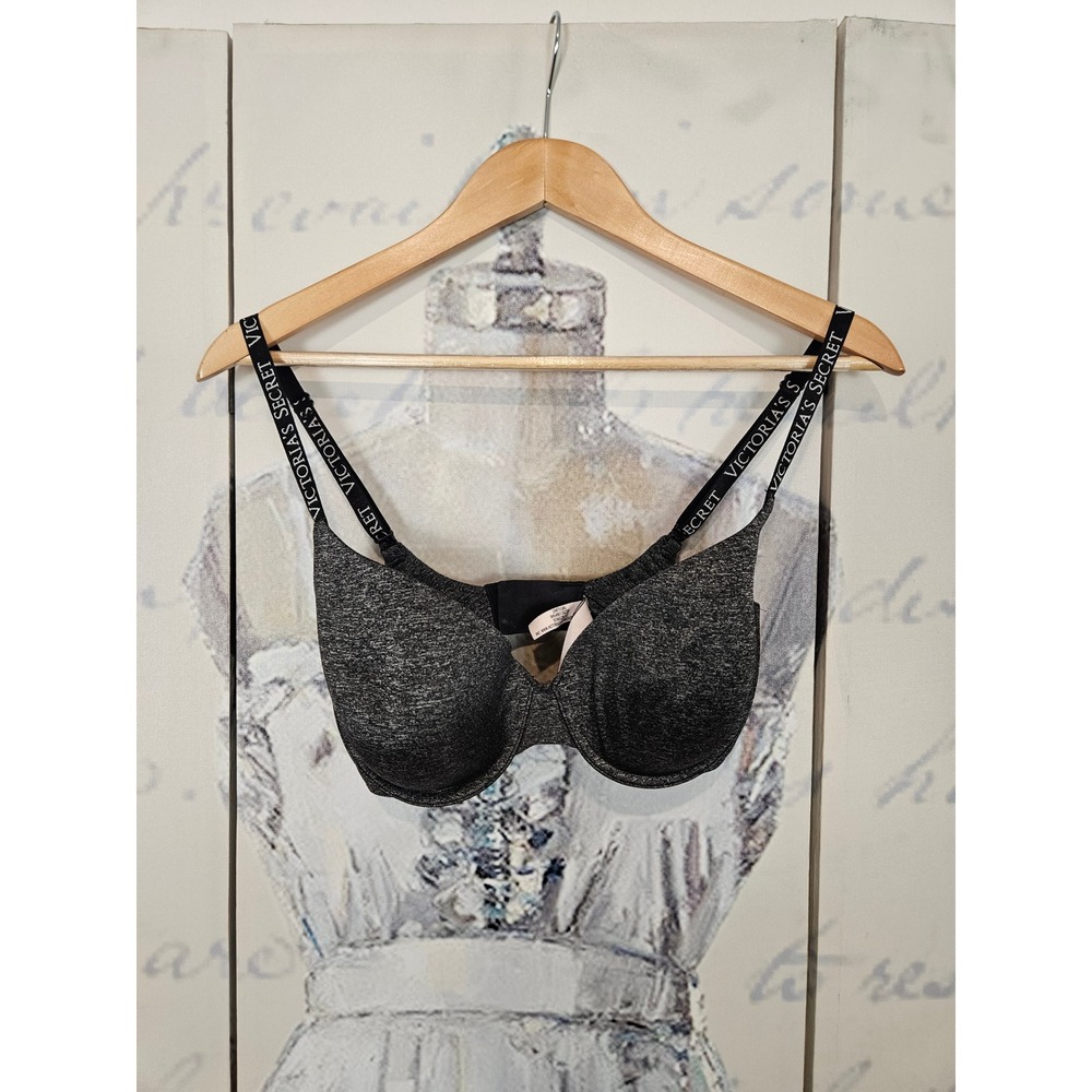 Victorias Secret T-Shirt‎ Lightly Lined Demi Bra Grey Heather Logo Strap 32DDD